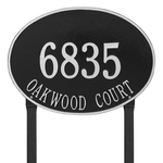 Hawthorne Oval Address Plaque with a Black & Silver Finish, Estate Lawn with Two Lines of Text