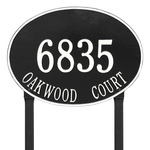 Hawthorne Oval Address Plaque with a Black & White Finish, Estate Lawn with Two Lines of Text