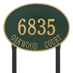 Hawthorne Oval Address Plaque with a Green & Gold Finish, Estate Lawn with Two Lines of Text