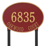 Hawthorne Oval Address Plaque with a Red & Gold Finish, Estate Lawn with Two Lines of Text