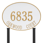 Hawthorne Oval Address Plaque with a White & Gold Finish, Estate Lawn with Two Lines of Text
