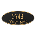 Madison Style Oval Shape Address Plaque with a Black & Gold Finish, Standard Wall Mount with Two Lines of Text