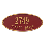Madison Style Oval Shape Address Plaque with a Red & Gold Finish, Standard Wall Mount with Two Lines of Text