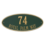 Madison Style Oval Shape Address Plaque with a Green & Gold Finish, Estate Wall Mount with Two Lines of Text