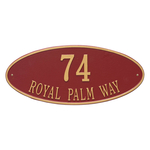 Madison Style Oval Shape Address Plaque with a Red & Gold Finish, Estate Wall Mount with Two Lines of Text