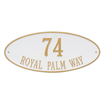 Madison Style Oval Shape Address Plaque with a White & Gold Finish, Estate Wall Mount with Two Lines of Text