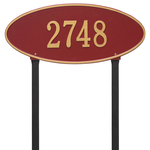 Madison Style Oval Shape Address Plaque with a Red & Gold Finish, Estate Lawn Size with One Line of Text