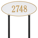 Madison Style Oval Shape Address Plaque with a White & Gold Finish, Estate Lawn Size with One Line of Text