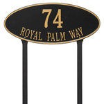 Madison Style Oval Shape Address Plaque with a Black & Gold Finish, Estate Lawn with Two Lines of Text