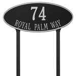 Madison Style Oval Shape Address Plaque with a Black & Silver Finish, Estate Lawn with Two Lines of Text
