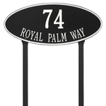 Madison Style Oval Shape Address Plaque with a Black & White Finish, Estate Lawn with Two Lines of Text