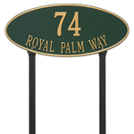Madison Style Oval Shape Address Plaque with a Green & Gold Finish, Estate Lawn with Two Lines of Text
