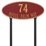 Madison Style Oval Shape Address Plaque with a Red & Gold Finish, Estate Lawn with Two Lines of Text