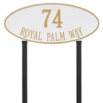 Madison Style Oval Shape Address Plaque with a White & Gold Finish, Estate Lawn with Two Lines of Text