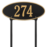 Madison Style Oval Shape Address Plaque with a Black & Gold Finish, Standard Lawn Size with One Line of Text