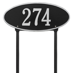 Madison Style Oval Shape Address Plaque with a Black & Silver Finish, Standard Lawn Size with One Line of Text