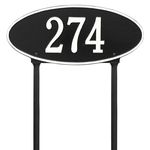 Madison Style Oval Shape Address Plaque with a Black & White Finish, Standard Lawn Size with One Line of Text