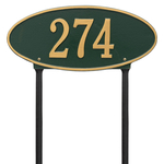 Madison Style Oval Shape Address Plaque with a Green & Gold Finish, Standard Lawn Size with One Line of Text