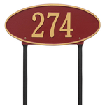 Madison Style Oval Shape Address Plaque with a Red & Gold Finish, Standard Lawn Size with One Line of Text