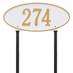 Madison Style Oval Shape Address Plaque with a White & Gold Finish, Standard Lawn Size with One Line of Text
