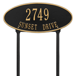 Madison Style Oval Shape Address Plaque with a Black & Gold Finish, Standard Lawn with Two Lines of Text