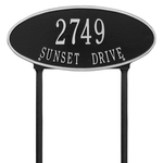 Madison Style Oval Shape Address Plaque with a Black & Silver Finish, Standard Lawn with Two Lines of Text