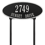 Madison Style Oval Shape Address Plaque with a Black & White Finish, Standard Lawn with Two Lines of Text