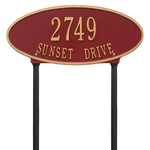 Madison Style Oval Shape Address Plaque with a Red & Gold Finish, Standard Lawn with Two Lines of Text