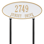 Madison Style Oval Shape Address Plaque with a White & Gold Finish, Standard Lawn with Two Lines of Text
