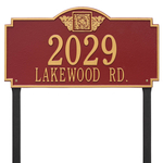 Square Shaped Address Plaque with your Monogram with a Red & Gold Finish, Estate Lawn with Two Lines of Text
