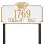 Square Shaped Address Plaque with your Monogram with a White & Gold Finish, Estate Lawn with Two Lines of Text