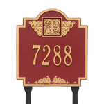 Square Shaped Address Plaque with your Monogram with a Red & Gold Finish, Standard Lawn Size with One Line of Text