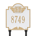 Square Shaped Address Plaque with your Monogram with a White & Gold Finish, Standard Lawn Size with One Line of Text