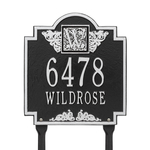 Square Shaped Address Plaque with your Monogram with a Black & Silver Finish, Standard Lawn with Two Lines of Text
