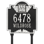Square Shaped Address Plaque with your Monogram with a Black & White Finish, Standard Lawn with Two Lines of Text
