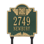 Square Shaped Address Plaque with your Monogram with a Green & Gold Finish, Standard Lawn with Two Lines of Text