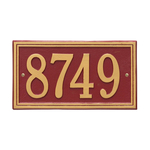 Rectangle Shape Double Line Address Plaque with a Red & Gold Finish, Standard Wall Mount with One Line of Text