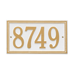 Rectangle Shape Double Line Address Plaque with a White & Gold Finish, Standard Wall Mount with One Line of Text