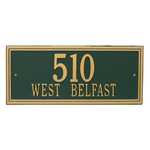 Rectangle Shape Double Line Address Plaque with a Green & Gold Finish, Estate Wall Mount with Two Lines of Text