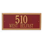 Rectangle Shape Double Line Address Plaque with a Red & Gold Finish, Estate Wall Mount with Two Lines of Text