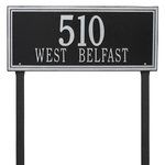 Rectangle Shape Double Line Address Plaque with a Black & Silver Finish, Estate Lawn with Two Lines of Text
