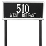 Rectangle Shape Double Line Address Plaque with a Black & White Finish, Estate Lawn with Two Lines of Text