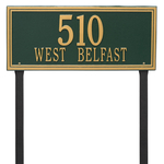 Rectangle Shape Double Line Address Plaque with a Green & Gold Finish, Estate Lawn with Two Lines of Text