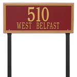 Rectangle Shape Double Line Address Plaque with a Red & Gold Finish, Estate Lawn with Two Lines of Text