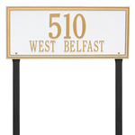 Rectangle Shape Double Line Address Plaque with a White & Gold Finish, Estate Lawn with Two Lines of Text