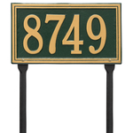 Rectangle Shape Double Line Address Plaque with a Green & Gold Finish, Standard Lawn Size with One Line of Text