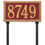 Rectangle Shape Double Line Address Plaque with a Red & Gold Finish, Standard Lawn Size with One Line of Text