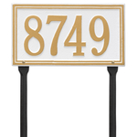 Rectangle Shape Double Line Address Plaque with a White & Gold Finish, Standard Lawn Size with One Line of Text