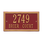 Rectangle Shape Double Line Address Plaque with a Red & Gold Finish, Standard Wall Mount with Two Lines of Text