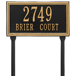 Rectangle Shape Double Line Address Plaque with a Black & Gold Finish, Standard Lawn with Two Lines of Text